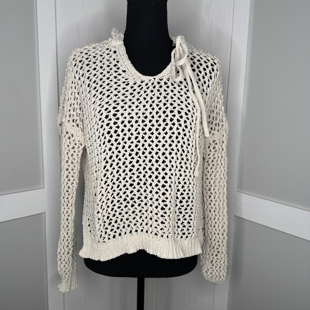 Nicole Miller Artelier Hoodie Women Sz M Cream Open Knit Crochet Sweater Chunky